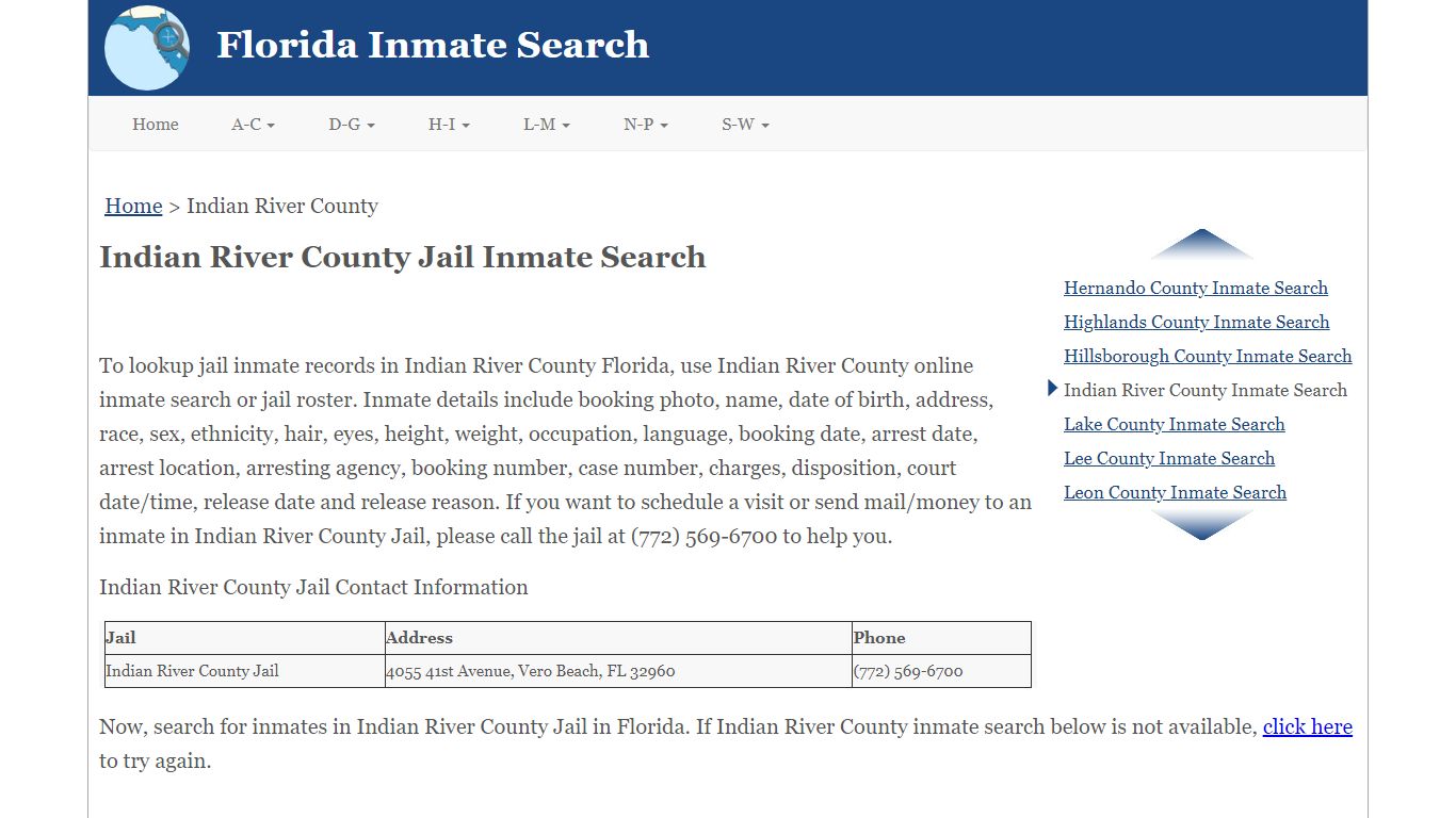 Indian River County FL Jail Inmate Search